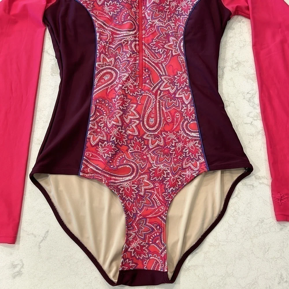 Coolibar Escalante Women's Swimsuit Pink Paisley Zip Stretch Thumbhole UPF 50